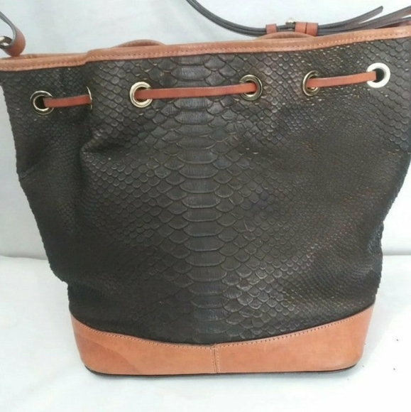 Dooney and Bourke Kendall Brown Python  Leather Drawstring Shoulder Bag - Picture 4 of 12